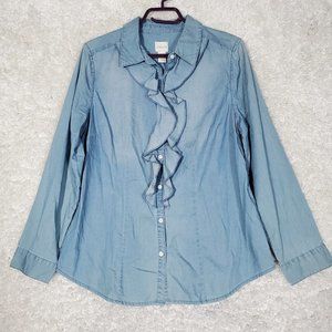 Chicos Shirt Womens 1 US 8 Blue Ruffle Denim Chambray Button Up Long Sleeve New